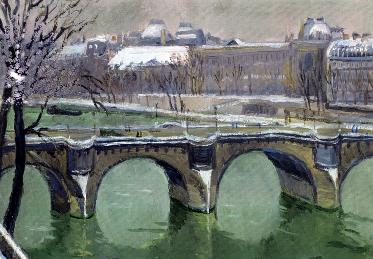 Paysage Parisien avec le Pont-Neuf l'hiver sous la neige, huile sur toile de F. A. LARRIEU
