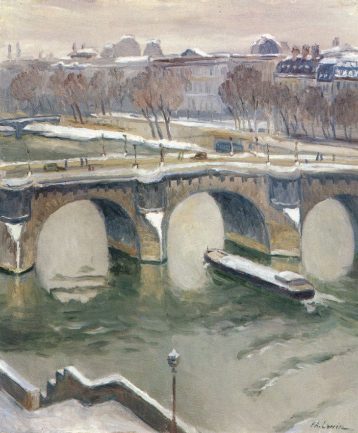 Paysage Parisien avec une péniche qui passe sous le Pont-Neuf l'hiver sous la neige, huile sur toile de F. A. LARRIEU